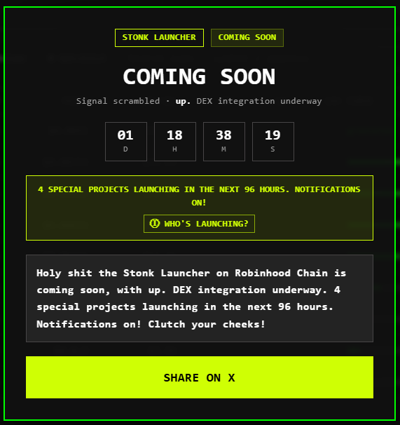 LastToSign's tweet photo. The first projects on the $STONKBROKER launcher go live at 00:00 UTC

The most interesting one looks like $YARD from @TickerYardHQ

The team is currently building a bridge for stocks: Robinhood Chain → Arbitrum
powered by Chainlink CCIP

Besides the token, there will be 3,333 Yardkeeper NFTs
Through Anvil, users will be able to swap $YARD for a Yardkeeper NFT and back

The setup also includes:

> NFT staking
> fees
> NFT-backed loans

The mechanic looks similar to the NFTs from $STONKBROKER, which are already trading at roughly 13 ETH on OpenSea

Each NFT will have its own ERC-6551 account.
A max Tier 4 holder will be able to link a separate runner wallet, fund it with ETH and perform tasks:

> completing and rescuing stuck bridge operations
> DCA, limit and recurring operations
> monitoring and alerts
> treasury and issuer actions
> solver/filler tasks

Initial $YARD parameters:

> mcap: $200,000
> starting price: roughly $0.0001

If the 95% AMM / 5% loans split described in the paper remains, the rough amount of $YARD per Yardkeeper would be:

> 1,999,999,980 × 95% ÷ 3,333
> ≈ 570,058 YARD per NFT
> ≈ $57 at the starting price

Robinhood Chain currently looks like the liveliest chain, with early signs it could make a run at flipping Solana
Watching how this develops