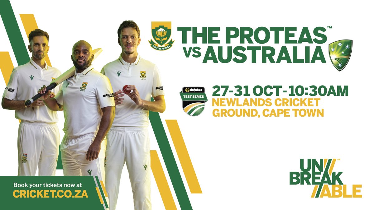 NewlandsCPT's tweet photo. 🏏🔥 Cape Town, get ready for Test cricket! 🇿🇦🇦🇺

The Proteas Men take on Australia in a massive five-day battle at Newlands Cricket Ground.

📅 27–31 October
⏰ 10:30 AM
📍 Newlands Cricket Ground.

Don’t miss a moment of the action. 🏏

#ProteasMen #SAvAUS #WPCricket https://t.co/FFsVd9ivP7