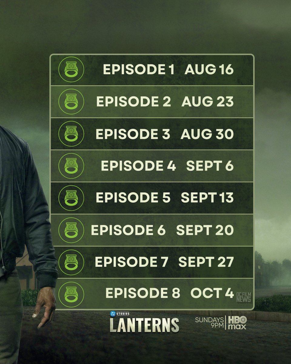 DCFilmNews's tweet photo. LANTERNS is 5 days away!

Here's the full episode release schedule for the next chapter of the DCU.

Premieres Sunday, August 16 at 9PM ET on HBO Max, with new episodes every Sunday. https://t.co/2skbHQMinh