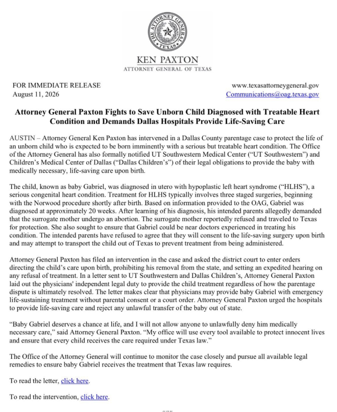 GuntherEagleman's tweet photo. 🚨 KEN PAXTON IS FIGHTING FOR AN UNBORN CHILD

Texas Attorney General Ken Paxton just announced he’s intervening to save a baby diagnosed with a treatable heart condition.

He’s demanding Dallas hospitals provide the lifesaving care the child needs.

A treatable condition. A baby who can live.

Paxton isn’t backing down.