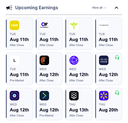 TrendyLlamas's tweet photo. Earnings season shouldn’t mean hunting through calendars, investor-relations pages and conference-call links.

TrendyLlamas automatically pulls upcoming earnings for the stocks you track into one view, including the report date, before/after-market timing and direct access to the earnings call when available.

No separate earnings list to maintain. No digging around when a report is about to hit.

Use the earnings explorer for even deeper analysis of the upcoming setups!

Just open Trendy and see what’s coming. 🦙
https://t.co/auXvvdf4Cg