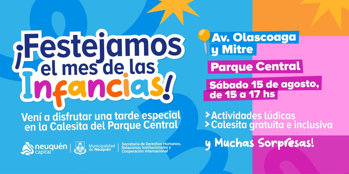 DDHH_RI_CI's tweet photo. 🎠💛 ¡Festejamos el mes de las Infancias!

Este sábado 15 de agosto, de 15 a 17 hs, te esperamos en la Calesita del Parque Central con actividades lúdicas, calesita gratuita e inclusiva y muchas sorpresas. ✨

📍 Av. Olascoaga y Mitre
#PrimeroNeuquén 
@munineuquen 
@GiovanettL https://t.co/bIjCAnauJD