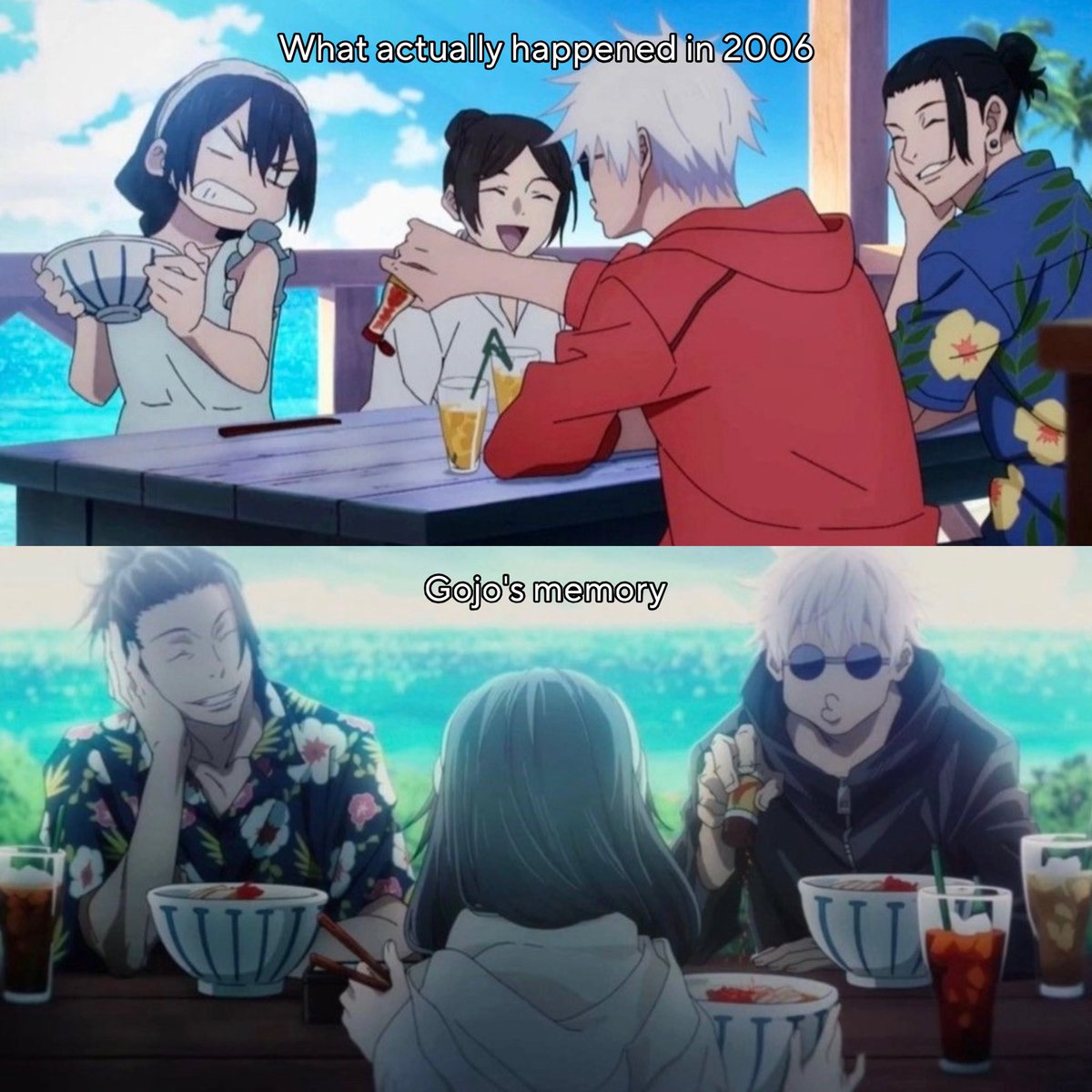 ceivesxo's tweet photo. Imo it’s such a cute detail that gojo forgot so many details from this specific moment like riko’s face and kuroi except for geto and his gentle smile🥹 https://t.co/K7KQrpg77Y