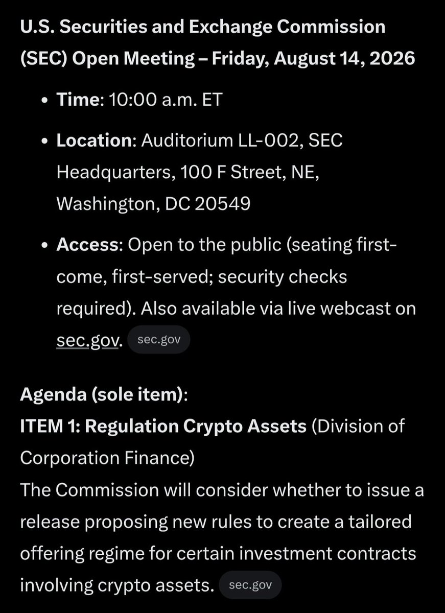 mrnguyen007's tweet photo. The US SEC will flip the switch for Crypto this Friday, August 14. 🇺🇸 ✅️ 

I will share a live link so we can watch together this Friday morning. 10 AM ET/ 7 AM PT. 📺 👀 

MARK YOUR CALENDAR LADIES AND GENTLEMEN.. 🗓 

LOCK IN 🔐 https://t.co/6mXW149KZV