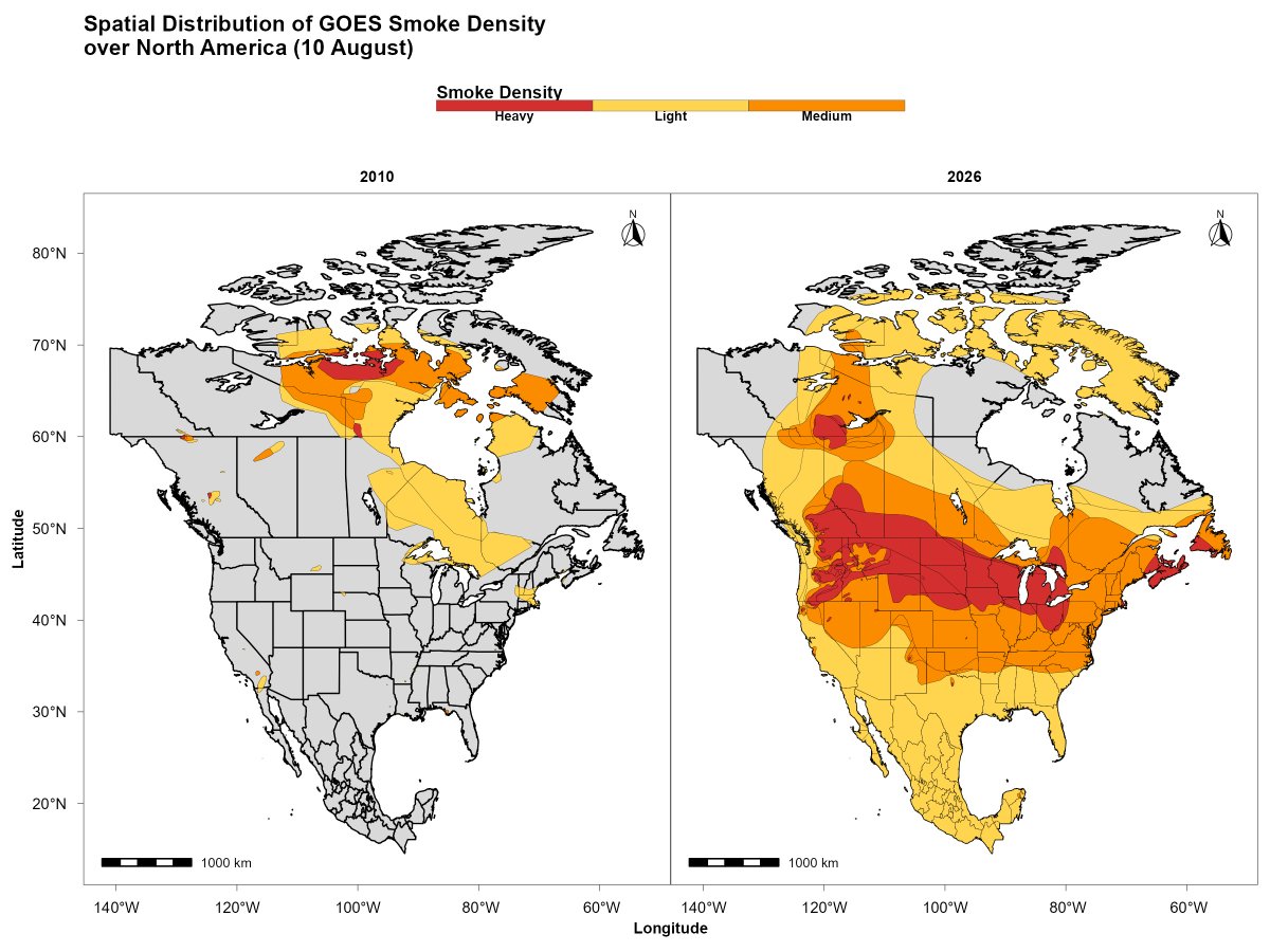 alihassansha12's tweet photo. Expanding Smoke Footprint over North America: GOES Satellite Comparison (2010 vs. 2026) #WildfireMonitoring #SmokeMonitoring #AirQuality #EnvironmentalMonitoring #DisasterRiskManagement #GISConsultant #GISConsulting #RemoteSensingJobs #GISJobs #GeospatialJobs #RemoteGIS #usafirst https://t.co/eQtVHN3J1f