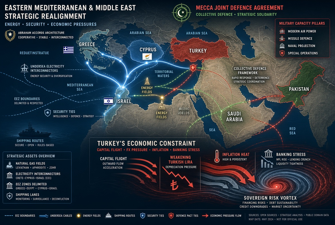 Grecanicus's tweet photo. "🇹🇷 Ankara's Real Enemy Isn't 
🇬🇷 Athens, 🇮🇱 Jerusalem or 🇨🇾Nicosia — It's the 🇹🇷 Lira"

The Eastern Mediterranean & Middle East are undergoing a major strategic realignment.

On one side, 🇮🇱 Israel, 🇬🇷 Greece & 🇨🇾 Cyprus are deepening security, energy and infrastructure ties alongside the wider Abraham Accords architecture. On the other, 🇹🇷 Turkey, 🇸🇦 Saudi Arabia & 🇵🇰 Pakistan have created a new collective-defence framework through the Mecca Joint Defence Agreement.

This is about far more than military alliances. Energy fields, EEZs, territorial waters, electricity interconnectors, undersea cables, shipping routes and access to European markets are becoming strategic assets.

Turkey increasingly sees Greek territorial-water expansion, Cypriot EEZ development and Greek-Cypriot-Israeli energy infrastructure as a challenge to its regional position.

But Ankara faces a fundamental constraint: economic endurance.

Turkey has large external financing requirements, substantial short-term external debt and Turkish non-financial companies carry a very large negative net FX position.

A war with 🇬🇷 Greece, 🇨🇾 Cyprus or 🇮🇱 Israel could therefore trigger:

Capital flight → TRY depreciation → FX losses → higher inflation → higher interest rates → more expensive corporate refinancing → weaker investment → banking stress.

At the same time:

War risk → tourism ↓ → FDI ↓ → shipping/insurance costs ↑ → energy costs ↑ → current-account pressure ↑ → FX reserves ↓.

A conflict with Greece would create an immediate EU/NATO crisis. A conflict with Cyprus would directly confront Turkey with the EU. A conflict with Israel could risk US involvement and further escalate an already dangerous Middle Eastern energy crisis.

And this is the crucial point:

Turkey may have the military capacity to initiate a conflict.

But military capability is not the same as economic endurance.

If markets begin pricing a genuine risk of war, Turkey does not need to lose the war for its economy to suffer.

The real danger is:

geopolitical escalation → capital flight → TRY crisis → corporate FX/refinancing stress → banking stress → sovereign downgrade.

So the question is not simply:

"Can Turkey afford to fight?"

It is:

"Can Turkey afford the financial consequences of starting the fight?"