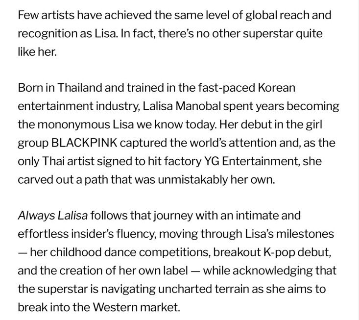 LaliceUpdates's tweet photo. “….For faithful Lillies who have followed Lisa's journey from the start, this is the (Lisa’s Documentary) ultimate reward. For those learning about her for the first time, it's an irresistible introduction to her world….” - @TIFF_NET 

@wearelloud #LISA
#AlwaysLalisa https://t.co/s0rV1QzPkm