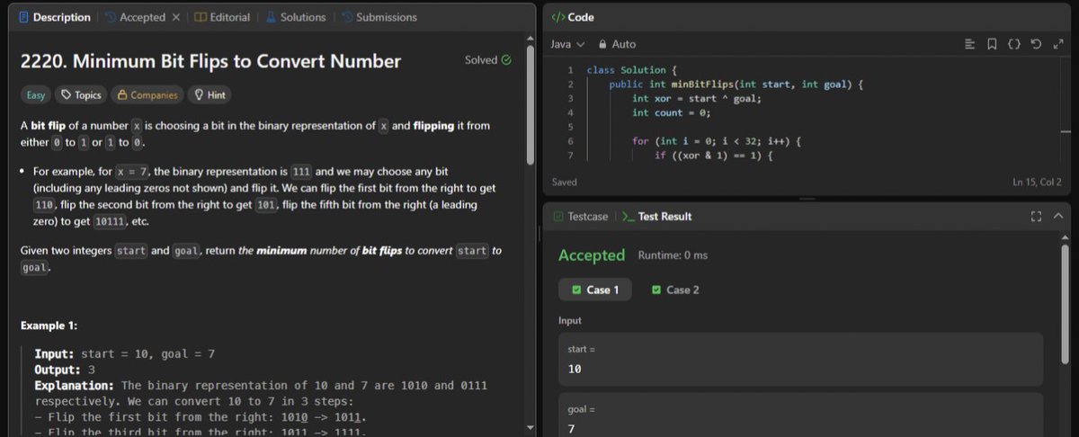 DeepantikaJ's tweet photo. #Day78 of my #100DaysOfDSA
Today’s Bit Manipulation practice showed me why XOR is such a powerful tool.
Solved:
🔹 Single Number — LC 136
🔹 Minimum Bit Flips — LC 2220
🔹 XOR of a Number Range https://t.co/7rWkpO0zPy