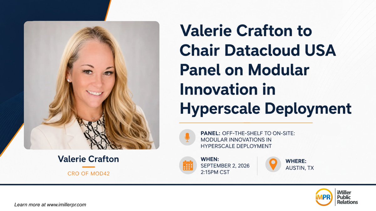 iMillerPR's tweet photo. Valerie Crafton, CRO at Mod42, will chair “Off-the-Shelf to On-Site: Modular Innovations in Hyperscale Deployment” at #DatacloudUSA 2026, Sept. 2 at 2:15 p.m. CT. Discover how modular solutions are reshaping AI infrastructure: https://t.co/7GM6oMI4Hb
#iMPR #Mod42 #hyperscale https://t.co/Nj53aUFN6B
