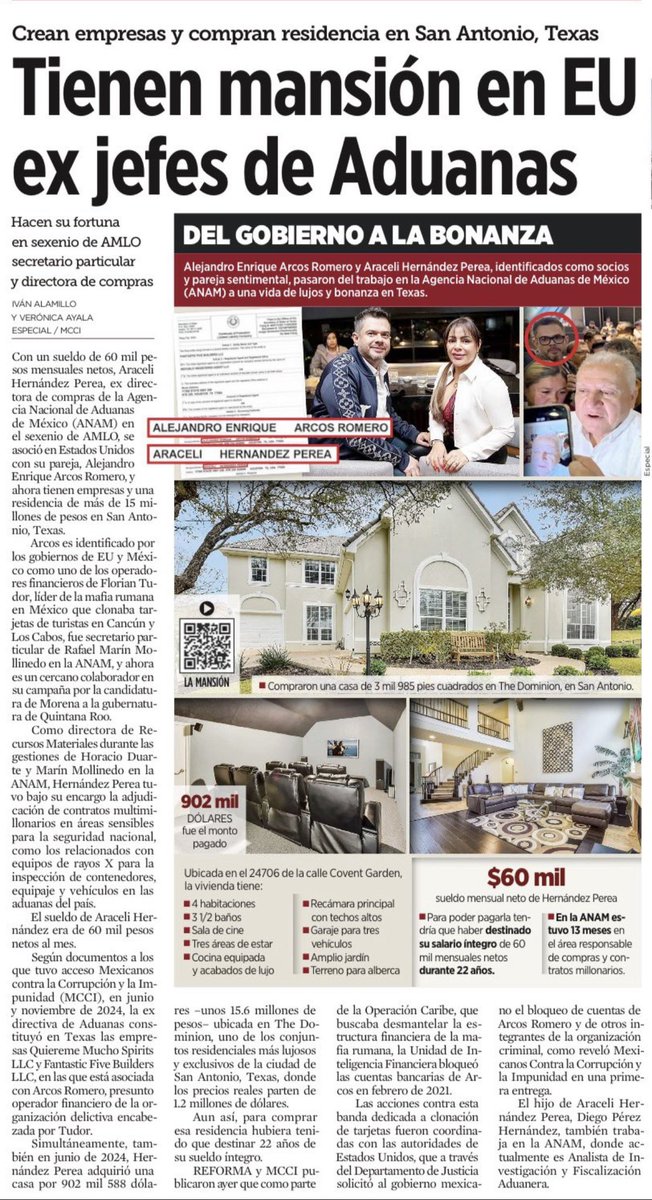 avieu's tweet photo. 🐀 De un sueldo de $60 mil al mes… a una mansión de más de $15 MILLONES en Texas. 🐀

Exfuncionarios de Aduanas durante el sexenio de AMLO crearon empresas en EU y compraron una residencia de 902 mil dólares en una de las zonas más exclusivas de San Antonio.

La “austeridad republicana” resultó bastante rentable para algunos.
#Corrupción4T