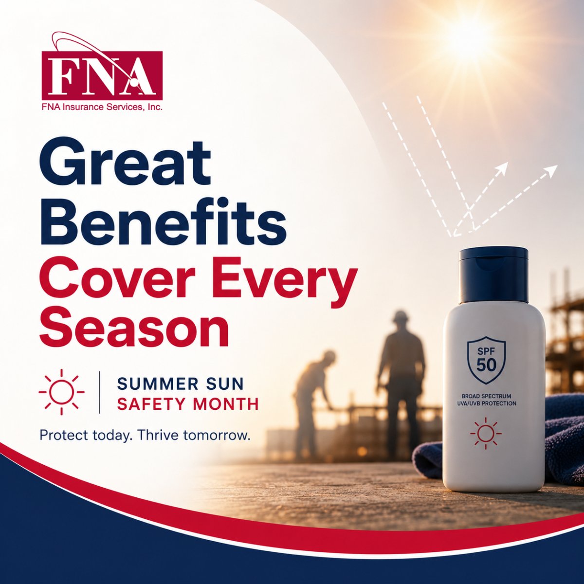 fnainsurance's tweet photo. August is Summer Sun Safety Month, a reminder that employee wellness doesn't take a vacation. We help brokers deliver comprehensive benefit solutions that support employees' health and well-being all year long. #SunSafetyMonth #EmployeeBenefits https://t.co/SZmu5kBMl4