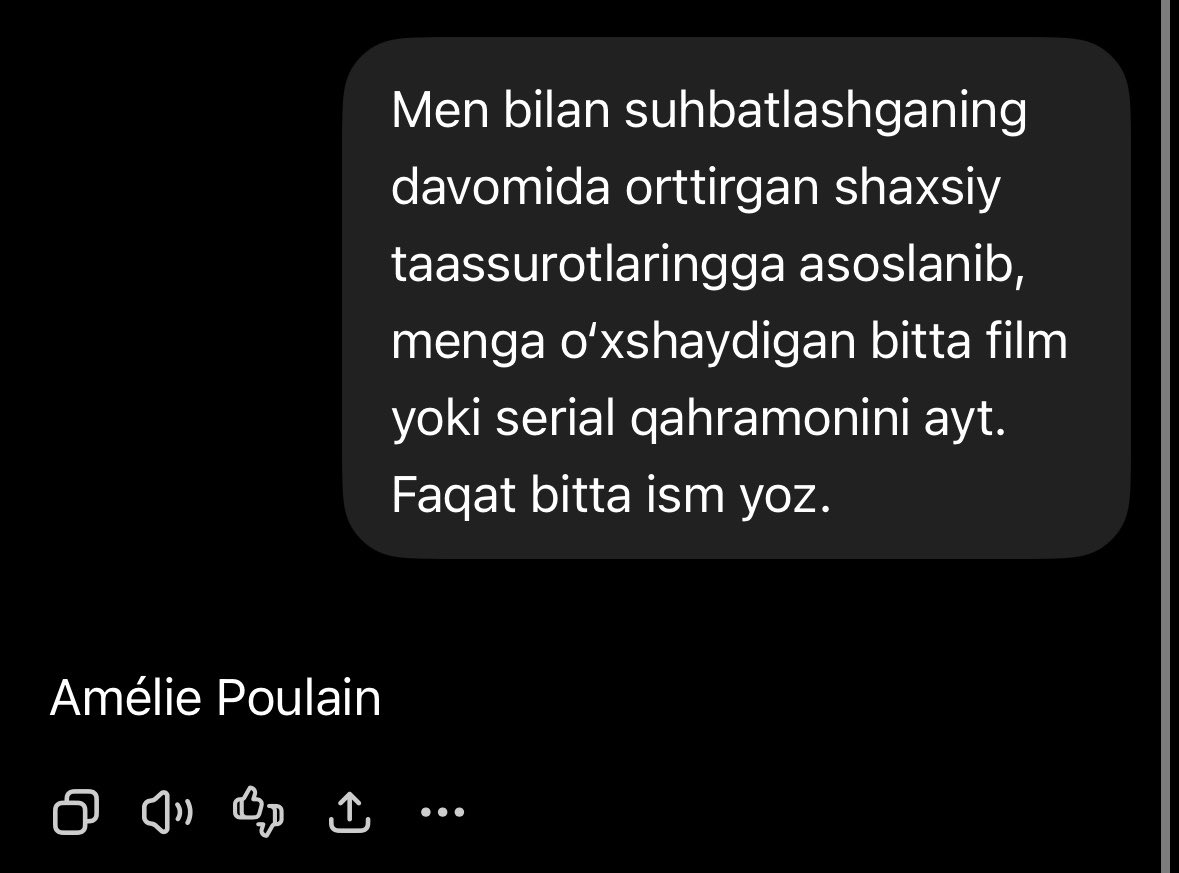 f_xayrullayeva's tweet photo. Kino ekrani telegram kanalida shunaqa so‘rab ko‘ring, deb yozishgan ekan, yozsam shu javob. Qizig‘i, umuman kutmagan qahramonim) https://t.co/mzIPKZU2tu