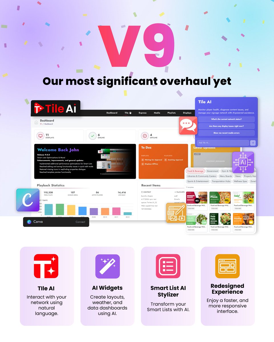 MediaTile's tweet photo. MediaTile V9 is here 🎉 Our biggest update yet brings a completely redesigned experience, powerful AI tools, smarter content creation, and faster, more intuitive ways to manage your digital signage. 

Explore everything new in MediaTile V9: https://t.co/ewtJouTxMN https://t.co/NmQhD1Yz2E