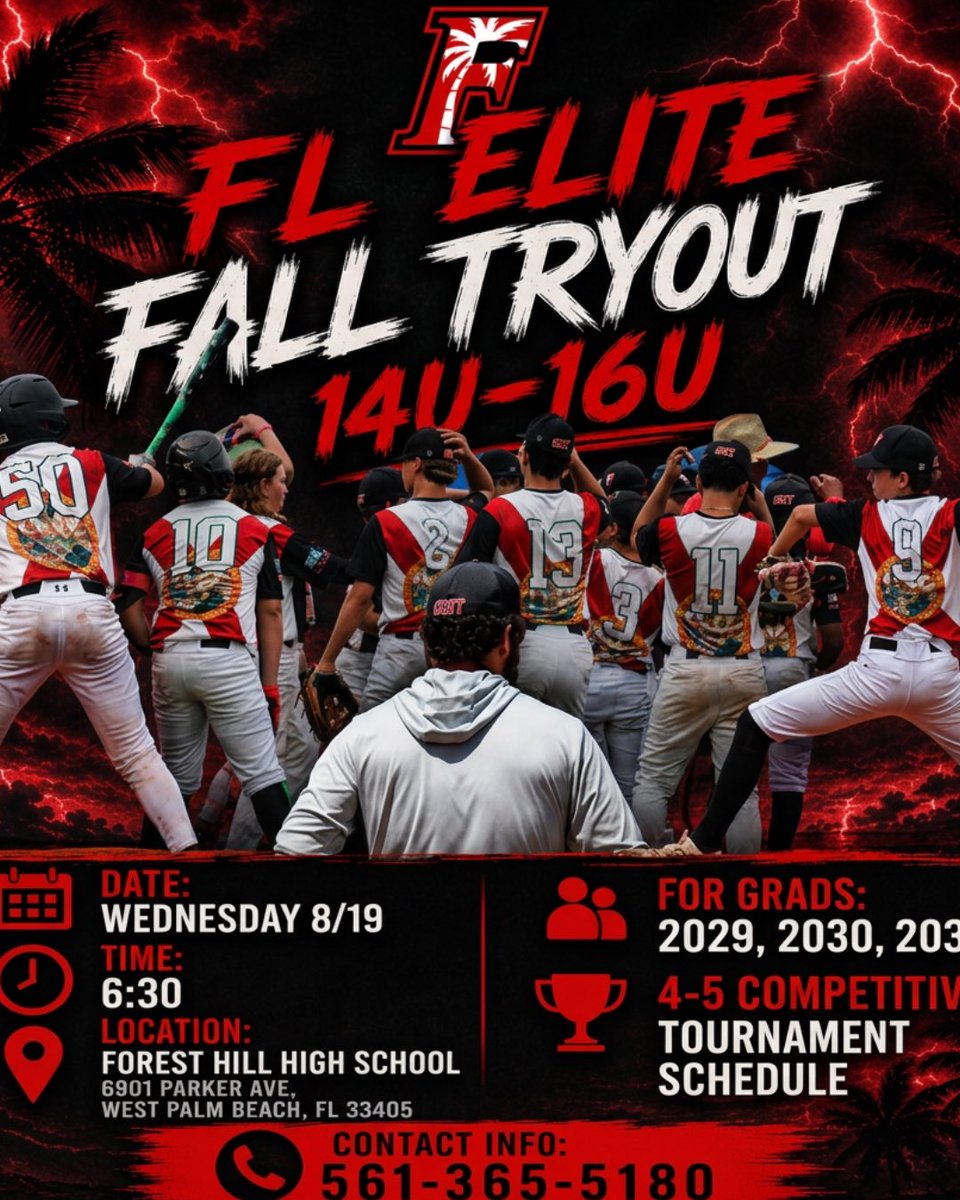 FLelitebaseball's tweet photo. 🔥 FL ELITE FALL TRYOUTS ARE HERE! 🔥

⚾ 14U–16U | Sunday 8/16 | 12:00 PM
📍 Forest Hill High School
6901 Parker Ave, West Palm Beach, FL 33405

🎓 Graduation Classes: 2029 • 2030 • 2031
🏆 4–5 Competitive Tournaments
📲 Contact: 561-365-5180 to Register 

Come be Elite🌴 https://t.co/Lw76EgZ8IZ
