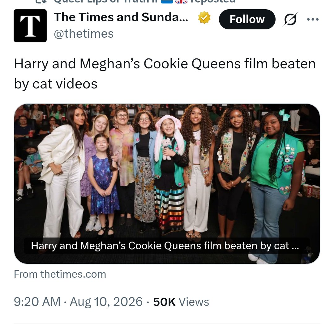 Canellelabelle's tweet photo. Lol, you can take a year hiatus from any news about Meghan, but when you come back, you will find her exactly as you left her: still failing at everything she does while attempting to pose as a success. "Harry and Meghan’s Cookie Queens film beaten by cat videos. Their documentary made less than £250,000 in 'pitiful' opening weekend"🤭
   Were her fans too busy crying about the Wales family to go support her?😏  
    I have never seen someone posture so loudly about being a "Success" and not have ONE success story to show for it, professionally. It is failure after failure on a loop🤷🏽‍♀️
• Opening cases on US TV show "Deal or No Deal" did not pan out;
• She was a supporting actress during her entire and short lived career as an actress and even that did not pan out as the production axed her role;
• Being a Humanitarian did not pan out;
• Becoming a working royal after marrying into the RF, did not work out;
• Writing children's books with "The Bench" failed;
• Running a so called Foundation "Archwell" failed so badly, they have fired all the staff and are "undergoing resctructuring;🤭
• The two big money deals, Spotify and Netflix, failed with both Archetype and her cooking show benched.
• Being a producer of documentary and films is in constant failure mode, see "Cookie Queen", their polo documentary, invictus documentary and any documentary they attempted to produce;
• playing Businesswoman with, As ever, is another failure in motion; 
• Finally, her attempt at being a lifestyle guru on Instagram has prompted so many satire videos at this point, the creators are more interesting than she is🫠
   So...
Where exactly is "the success" Meghan and her fans are blabbing about? Where are her professional accomplishments? 
Nowhere. They never existed. That is why she buys awards and use PR to make so much noise. On paper, Meghan is another "Jason Arday" story😏
    Well and so, if Meghan is still wallowing in so much mediocrity and failing so abysmally WITH royal titles, Money and privileges after marrying the son of the King of the UK; 
how can anyone truly believe her "Tall Tales" that she was actually a "successful millionaire" prior to marrying in the RF, when she was unemployed at that time, without a car or a house in her name?☕️