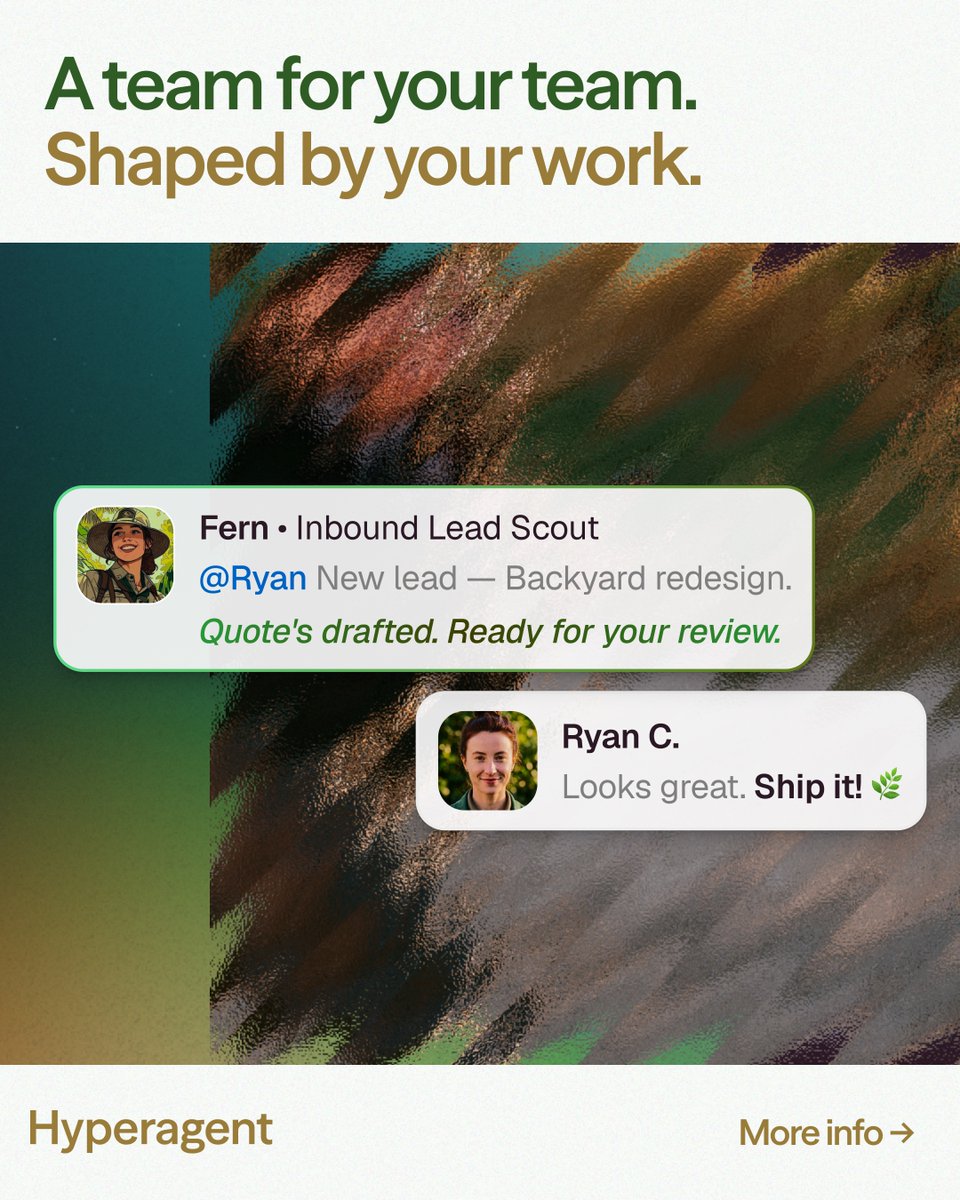 hyperagentapp's tweet photo. You didn't start your business to live in your inbox. Ryan didn't either — she runs a two-person landscape design crew. Every lead gets a custom quote, and she’s approving them from the job site.