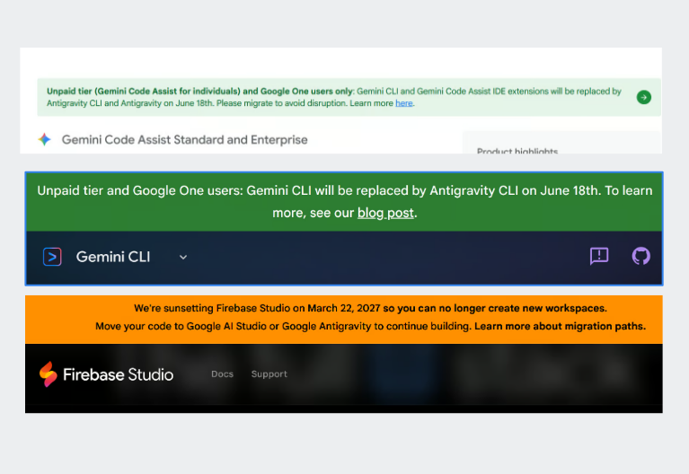 Screenshot showing Firebase Studio sunset messaging and migration banners for Gemini CLI and Gemini Code Assist
