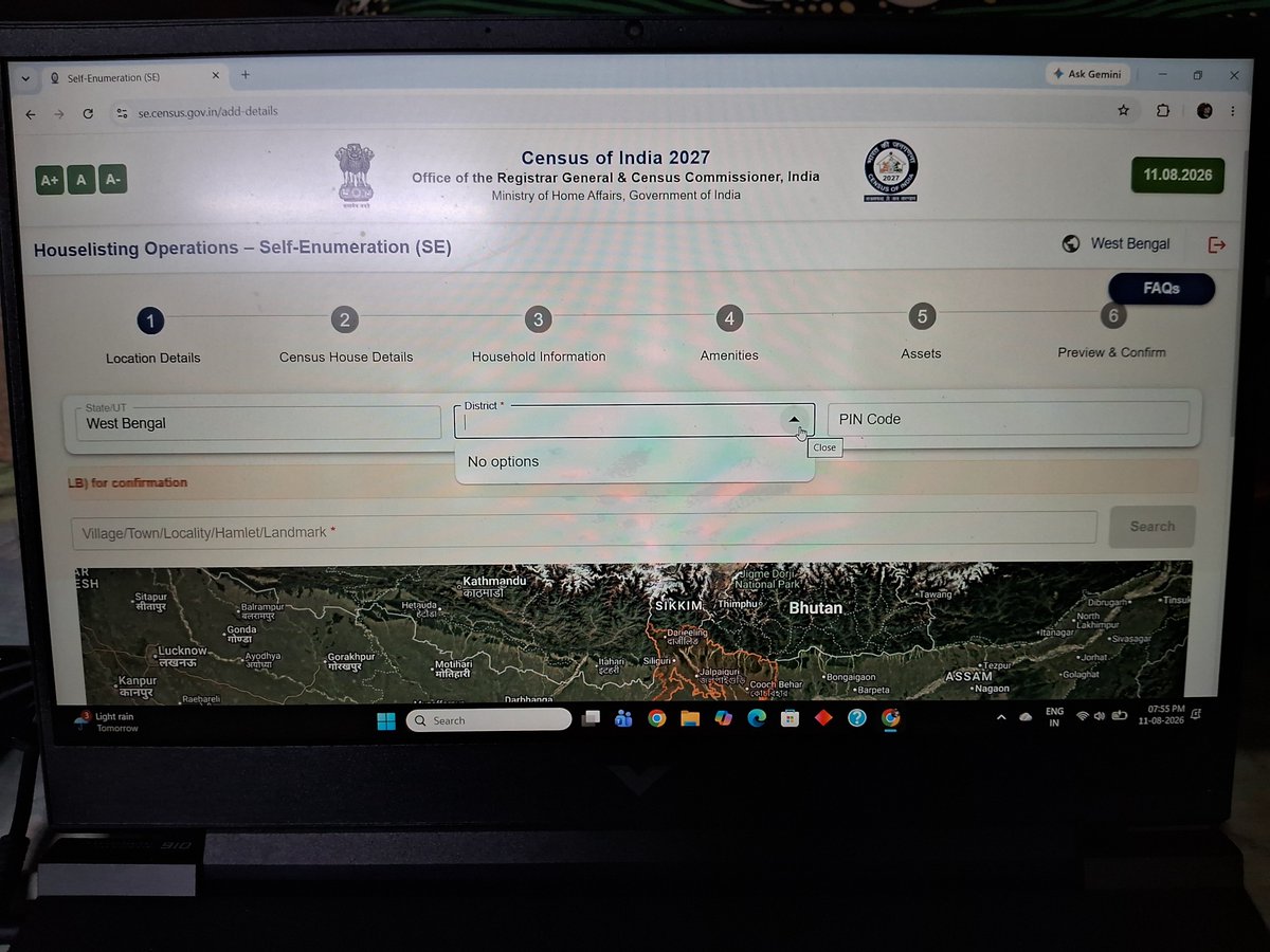 BiswajitTPV's tweet photo. Hello @DCOWestBengal @CensusIndia2027 I am trying to complete the Census of India 2027 Self-Enumeration through the official portal.
However, after selecting West Bengal, the District field is showing “No options”, making it impossible to proceed with the form. https://t.co/NVXOnDk8Zv