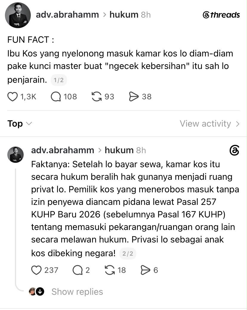 LambeSahamjja's tweet photo. ibu kos masuk kamar tanpa izin pakai kunci master bisa dipenj4rain:
- kamar kos setelah dibayar sewa jadi ruang privat penyewa secara hukum
- pemilik kos yang nerobos masuk kena pasal 257 kuhp baru 2026 (dulu pasal 167)
- privasi anak kos dilindungi negara https://t.co/AOsbfDZPj8