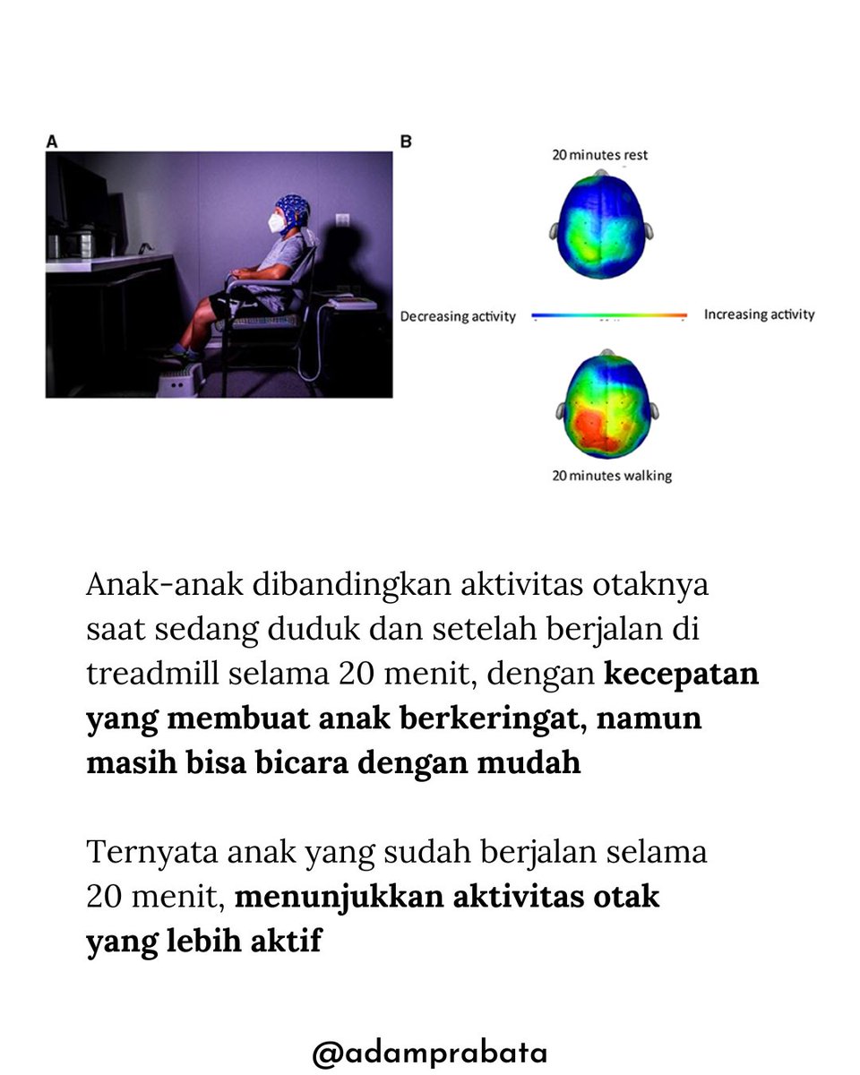 AdamPrabata's tweet photo. Cuma 20 menit jalan kaki bisa bikin otak lo lebih “nyala” dibanding duduk doang!

Pernah ngerasain blank? berkabut? gak ada ide?
Coba deh jalan kaki, gerakin kaki lo!

Penelitian menunjukkan bahwa setelah 20 menit jalan kaki dengan kecepatan sedang (bikin keringetan tapi masih bisa ngobrol santai), aktivitas otak meningkat signifikan dibanding pas duduk istirahat.

Cek gambar deh! 
Warna biru (aktivitas rendah) berkurang, diganti warna merah dan kuning (aktivitas tinggi) di area otak yang penting buat fokus, kreativitas, dan pemrosesan informasi.

Jadi kalau lo mau ide lancar dan otak lebih segar, coba deh selipin sesi jalan kaki singkat di tengah aktivitas!