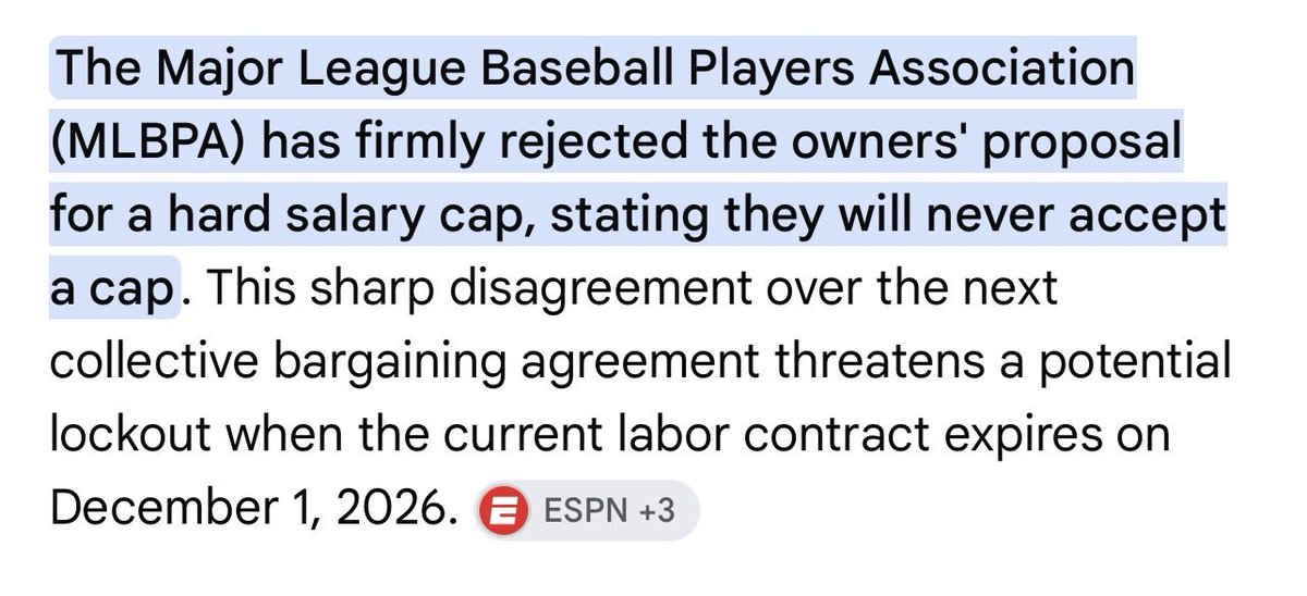 Talikreal's tweet photo. @Rolls_Of_Sushi @UnderdogMLB A salary cap will never happen they been trying for a long time and the players association always stood on this https://t.co/UcmBIpdsPI