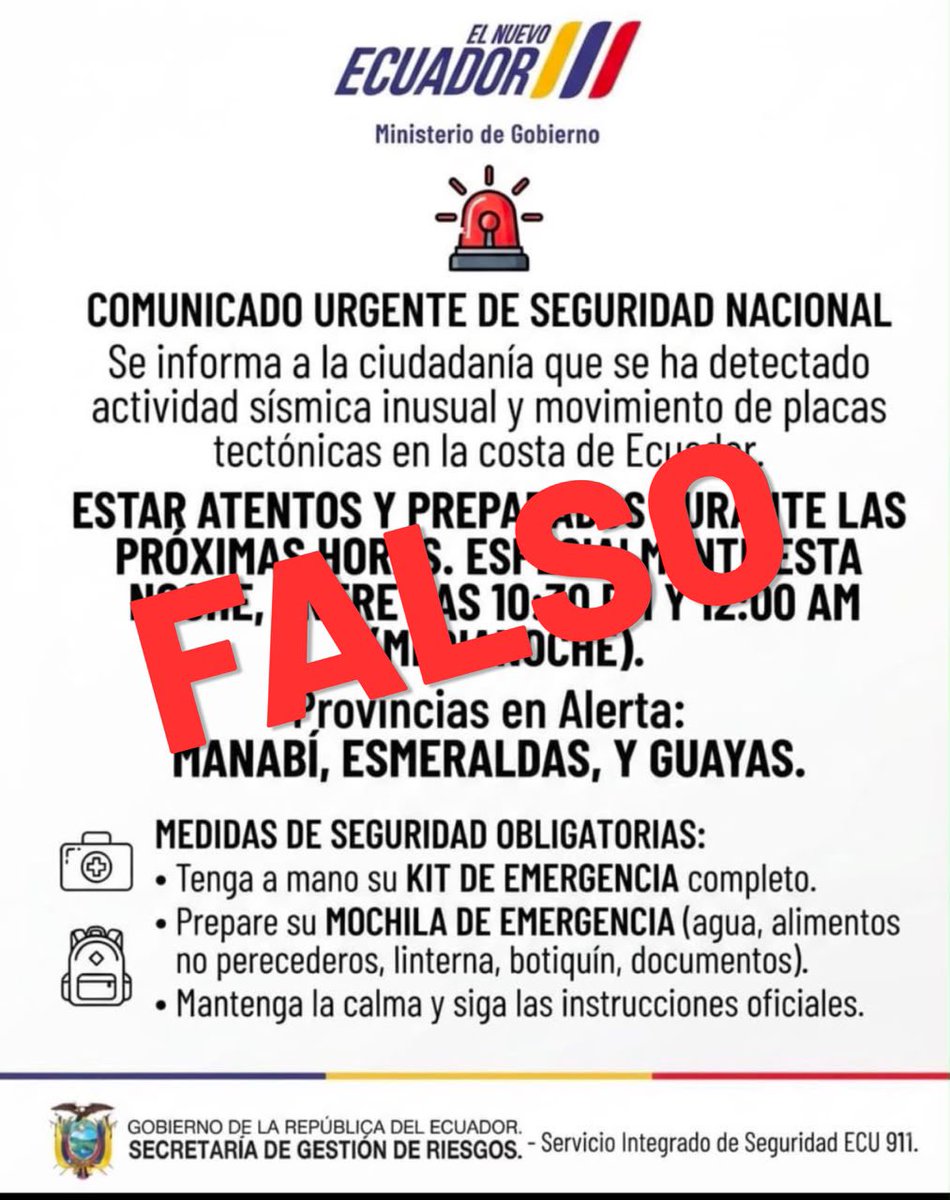 Riesgos_Ec's tweet photo. ⚠️ ¡Información falsa!

La Secretaría Nacional de Gestión de Riesgos informa que no existe ninguna alerta oficial sobre actividad sísmica inusual ni una supuesta predicción de sismo en la Costa ecuatoriana. https://t.co/5gkkMkqa1C