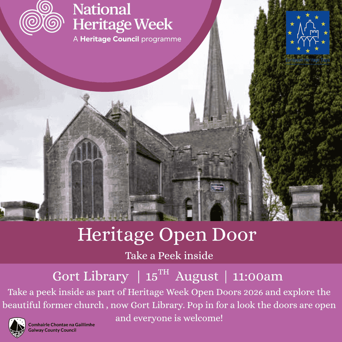 LibrariesGalway's tweet photo. Heritage Week 2026

Why not take a peek inside one of Galway County Libraries' historic buildings during Heritage Week?

#HeritageWeek2026 #GalwayCountyLibraries

@HeritageWeek @HeritageHubIRE @GalwayCoCo https://t.co/O8RAgfnJMO