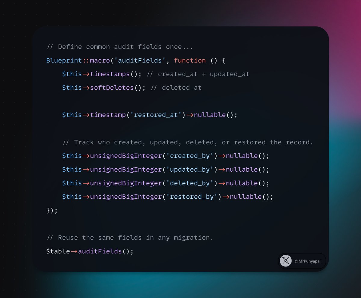 MrPunyapal's tweet photo. Laravel Tip 💡

Repeating the same audit fields across migrations? Define them once with a custom Blueprint macro, then reuse them with $table->auditFields().

One place to maintain common migration fields, instead of repeating them everywhere. https://t.co/cB6tI9jB4J