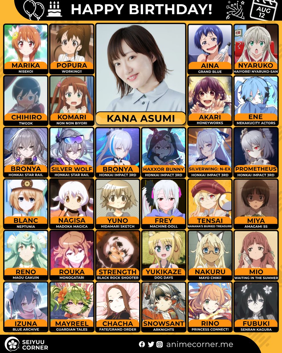 seiyuucorner's tweet photo. Happy birthday Kana Asumi! 🎉 

Let's wish her all the best @0812asumikana 

#KanaAsumi #阿澄佳奈 #阿澄佳奈生誕祭2026 https://t.co/hd4OBWLiB5