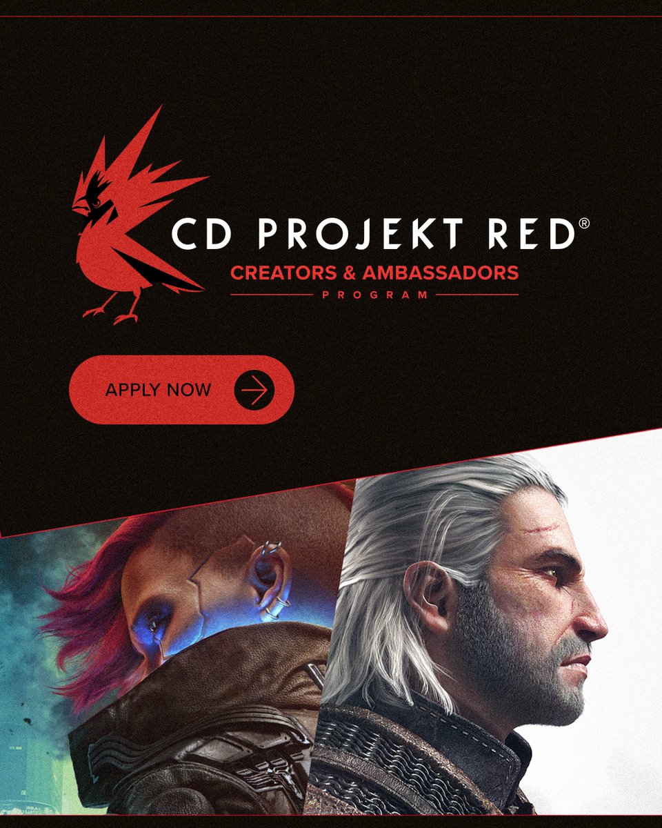 CDPROJEKTRED's tweet photo. Great things happen when creativity and community come together around a shared love of games. 🎮 ❤️  

Introducing the CD PROJEKT RED Creators & Ambassadors Program! A new home for creators, community ambassadors, and our team to connect, collaborate, and create.

Apply now: https://t.co/wlptQYYk6P