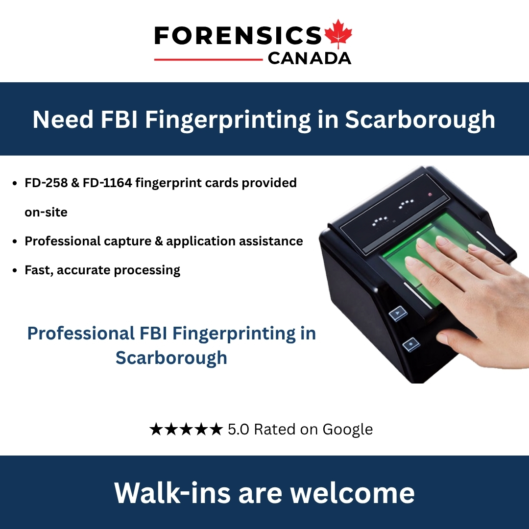 forensicscanada's tweet photo. Need FBI Fingerprinting in Scarborough? 🇺🇸

✓ FD-258 &amp; FD-1164 fingerprint cards provided on-site
✓ Professional fingerprint capture
✓ Assistance with the FBI application process
✓ Walk-ins welcome https://t.co/nifbH4P29G