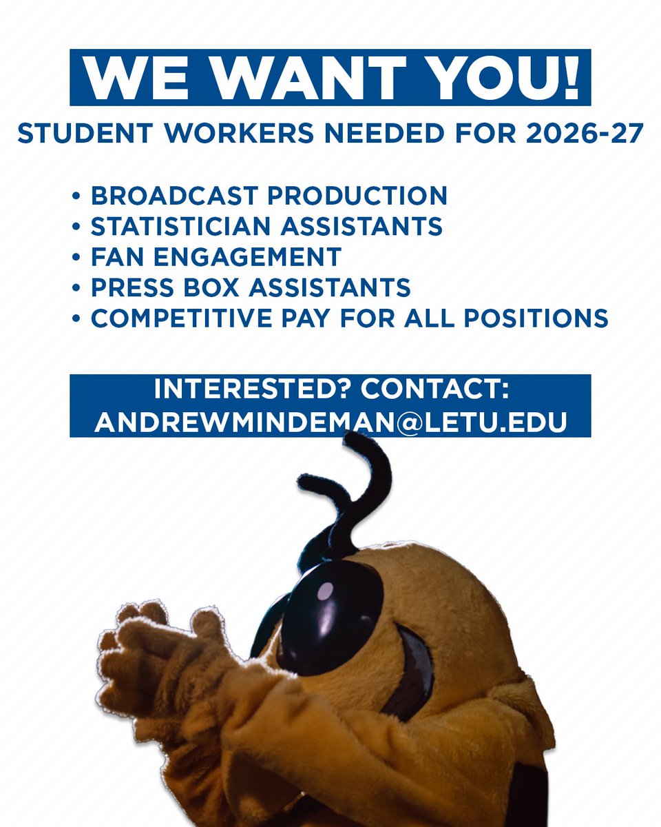 LETUAthletics's tweet photo. 🚨 ATTENTION STUDENTS 🚨

Athletics Communications is seeking student workers for the 2026-27 year! Get hands-on learning and get paid to work games!

⬇️⬇️⬇️⬇️⬇️⬇️ https://t.co/OZmR7TuNMy