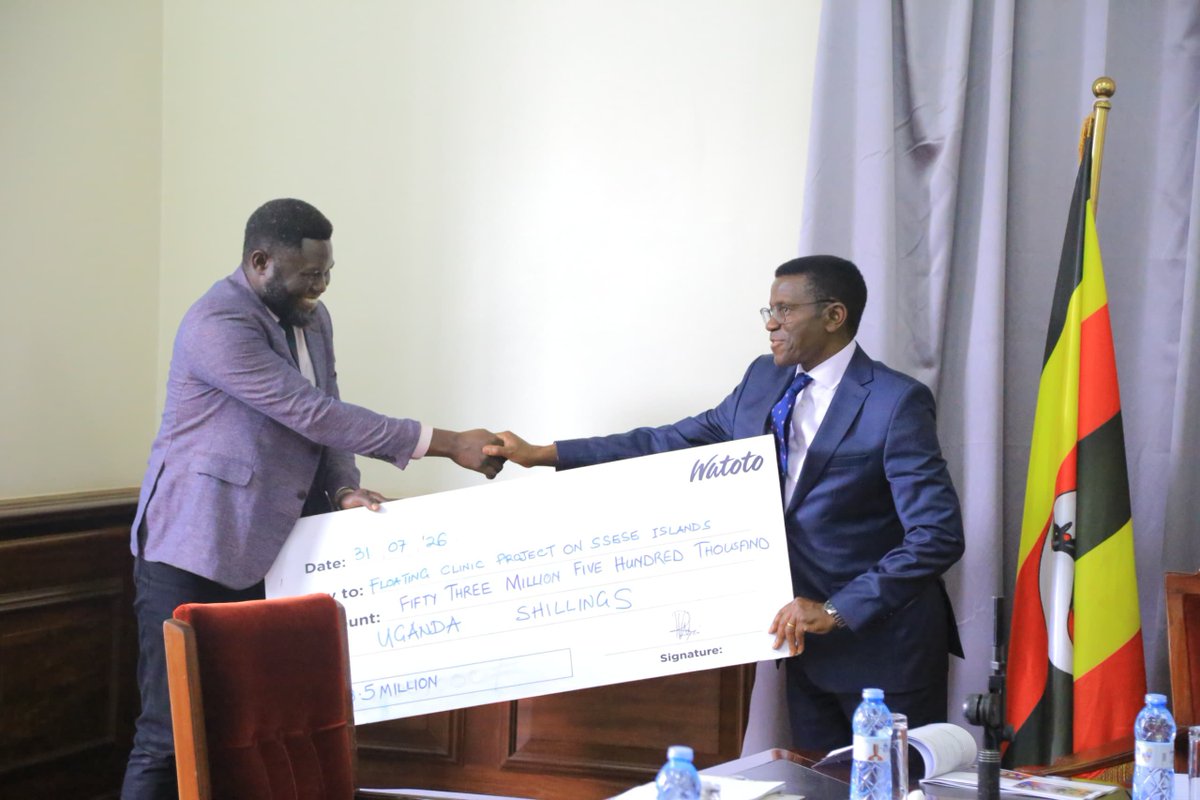 cpmayiga's tweet photo. Today, I have received a cheque of UGX 53.5 million from @WatotoChurch in support of the proposed Mobile Water Clinic, an initiative aimed at bringing healthcare closer to communities across the islands.

The Ssese Islands comprise 83 islands, while the Buvuma Islands comprise 54. Many communities continue to face challenges accessing healthcare due to the high cost and limited availability of water transport.

Following His Majesty the Kabaka’s instruction, I visited the islands to engage with communities and understand their challenges firsthand. It was during these engagements that His Majesty encouraged us to explore a mobile water clinic that can move from island to island, bringing essential healthcare services closer to the people.

Health is a prerequisite for social and economic transformation. We have so far raised approximately US$60,000 towards this initiative, and I sincerely thank Watoto Church for this generous contribution, as well as for the excellent organisation of the celebrations marking His Majesty the Kabaka’s 33rd Coronation Anniversary.

Together, we can make healthcare more accessible to our island communities. 🙏🏾