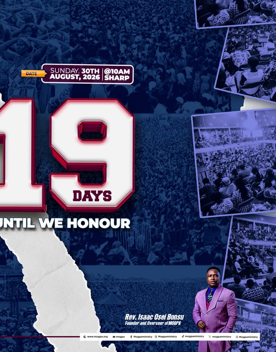 mogpaministry's tweet photo. .

Counting down to a DOUBLE CELEBRATION: 
Honouring our Father: 25th August  Mogpa Radio @ 15 : 30th August
at the Mogpa city, Mfensi. 

Come celebrate with us ! 
#Mogparadio15 #MogpaTime #RevOB #wehonour https://t.co/l0pIiOiEg7