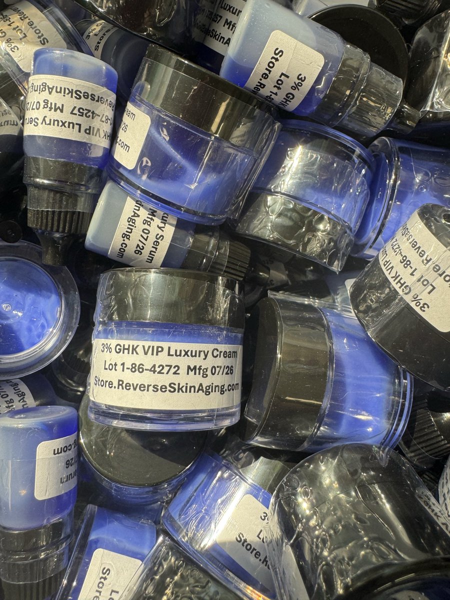 SkinBiology's tweet photo. Our summer sale is on! For this week only you can get a free sample of 3% GHK-Cu VIP Cream or Serum for every $100 spent. 
All our products are safe and formulated by Dr Loren Pickart, who discovered and pioneered GHK-Cu for skin regeneration. 
The blue is from the copper. 
No dyes, no detergents, no bs.