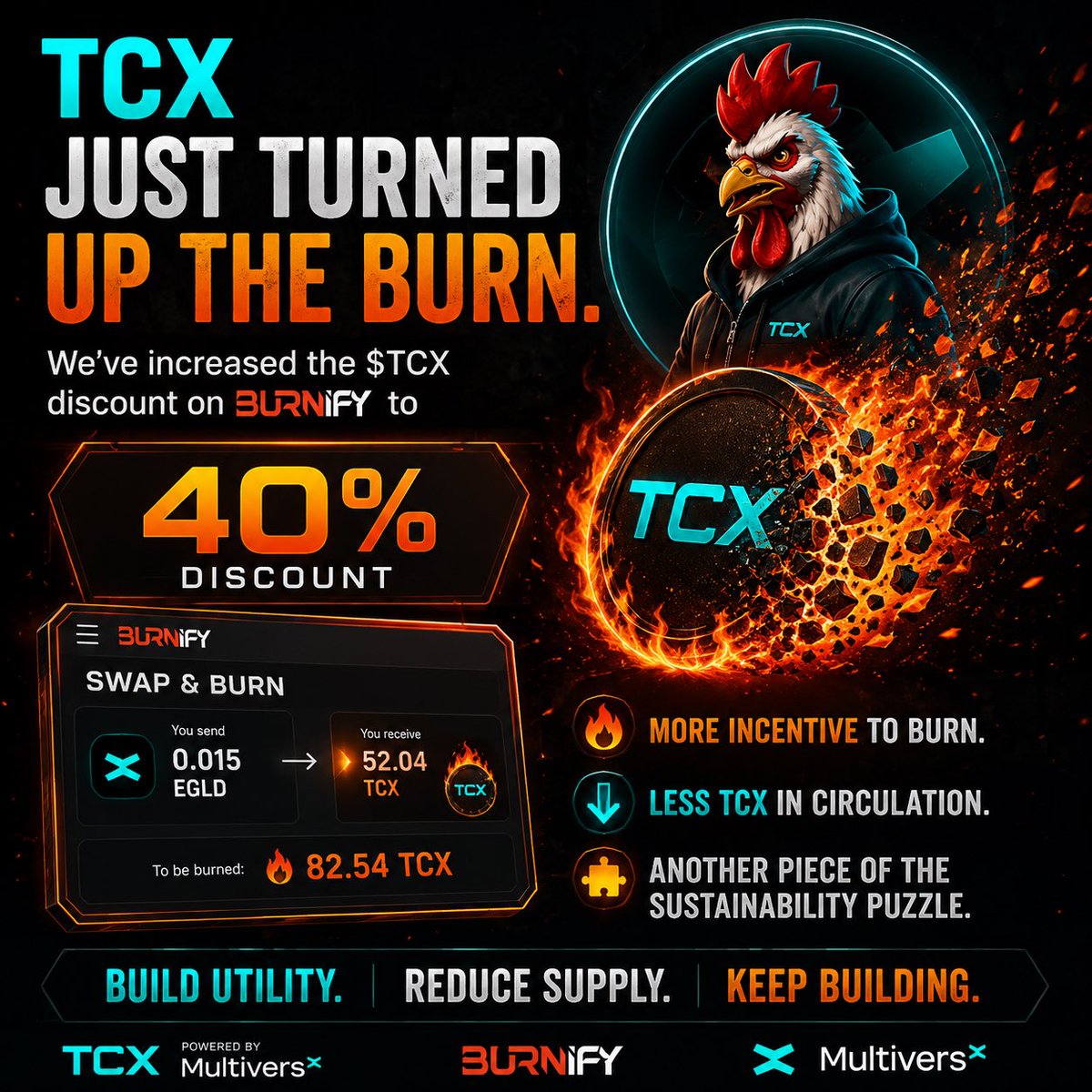 CollectionistX's tweet photo. 🔥 TCX just turned up the burn.

We’ve increased the $TCX discount on @BurnifyApp to 40%.

More incentive to burn.
Less TCX in circulation.
Another piece of the sustainability puzzle. 🐓🔥

Build utility. Reduce supply. Keep building. https://t.co/pYfcXAeeVI