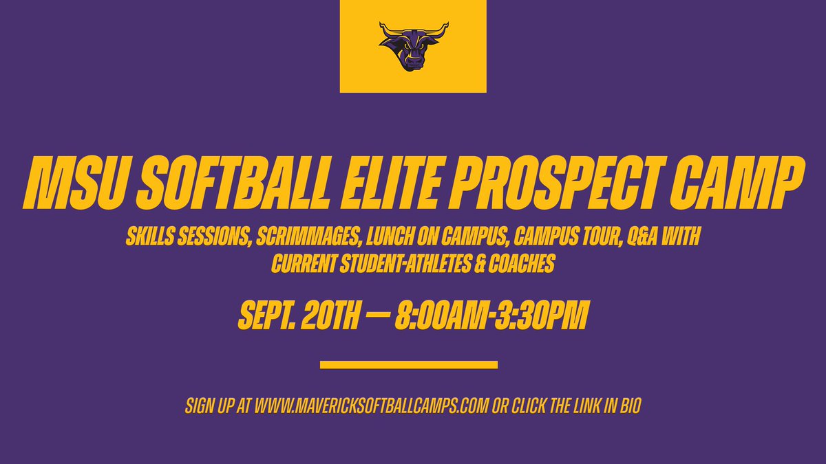 MinnStSoftball's tweet photo. Searching for future Mavericks 🤩 sign up now for our Elite Prospect Camp on Sept. 20th. https://t.co/Wm1Kjscjiu https://t.co/3w8TQ4wmSS