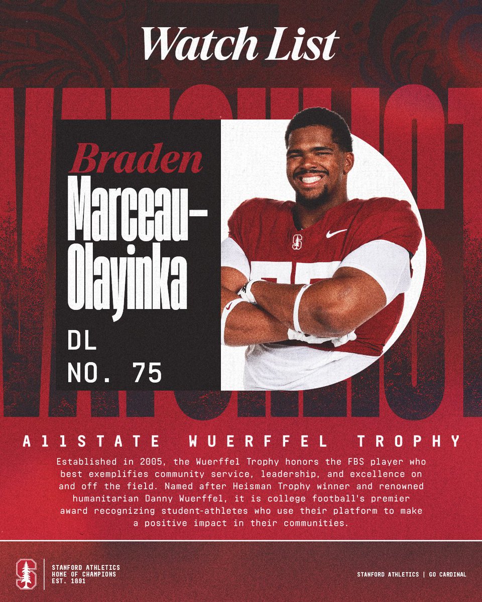 StanfordFball's tweet photo. The kind of leader you want on your team 🫡

@MarceauBraden has been named to the Allstate @WuerffelTrophy Watch List. https://t.co/FN2aGIFVeD