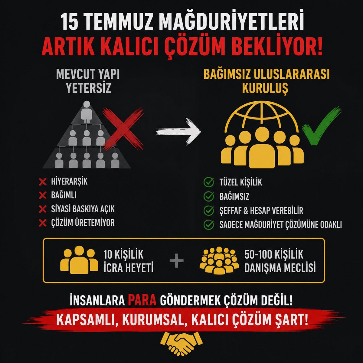 ProfAtak25's tweet photo. 🔴⛔️ 15 TEMMUZ MAĞDURİYETLERİ ÇÖZÜM ÖNERİSİ

15 Temmuz mağduriyetlerini gidermek için bağımsız, tüzel kişiliğe sahip ve gerçek kişilerden oluşan uluslararası bir kuruluş kurmak zorundasınız.

Artık açıkça görülmesi gerekiyor: Cemaatin mevcut hiyerarşik yapılanması içerisinde 15 Temmuz mağduriyetlerini kapsamlı ve kalıcı biçimde çözmek mümkün değil.

Bunu yaklaşık 10 yıldır yaşıyoruz ve görüyoruz. Bunun nedenleri üzerine sayfalarca yazılabilir; hatta başlı başına bir tez konusu olabilir.

Çünkü meselenin doğası buna uygun değil. Cemaatin yaşadığı baskılar, mevcut yapılanması, yıllardır maruz kaldığı operasyonlar, rejime angaje olmuş unsurlar ve iletişim/medya mekanizmalarının mevcut çalışma biçimi, böylesine kapsamlı ve hassas bir mağduriyet meselesini çözebilecek bağımsız bir mekanizmanın oluşmasına elverişli değil.

Bunu cemaat yönetimi içerisinde etkili konumlarda bulunan insanların artık görmesi gerekiyor.

Nasıl bir yapı?

Sadece bu konuyla ilgilenecek, tam yetkili ve bağımsız bir icra kurulu oluşturulmalı.

Örneğin:

İsimleri ve sorumluluk alanları kamuoyunca bilinen 10 kişilik bir icra heyeti,
Bunun üzerinde 50–100 kişiden oluşan bir danışma meclisi,
Gönüllülük esasına dayalı katılım,
Danışma Meclisi’nden İcra Heyeti’ne ge��işin mümkün olduğu şeffaf bir sistem,
Hukuk, insan hakları, medya, diplomasi, akademi ve mağduriyet dosyaları konusunda uzmanlaşmış çalışma grupları,
Türkiye dışında da faaliyet gösterebilecek uluslararası ve bağımsız bir tüzel kişilik.

Böyle bir yapı, herhangi bir cemaat hiyerarşisinin altında veya herhangi bir kişinin kontrolünde olmamalı. Kendi kararlarını kendi vermeli, hesap verebilir olmalı ve sadece mağduriyetlerin giderilmesini merkeze almalı.

Ben bunu yaklaşık 5 yıldır dillendiriyorum.

Fakat bugün çıkıp böyle bir yapıyı kurmaya kalksam, büyük ihtimalle yine tek başıma ortada kalacağım.

Bunun nedenlerini de maalesef geçmişte defalarca yaşadım.

Cemaatin sosyal medya ve iletişim ekiplerinin yıllardır rejimin kontrolü ve angajmanı altında hareket ettiğini düşündüğümü defalarca yazdım ve bununla ilgili çeşitli delilleri ortaya koydum. Medyanın en üst düzey yetkilileriyle dahi görüştüm. Ancak sonuç alamadım.

Hatta bu platformun karşısında @IHPBirligi platformunu kurdum. Fakat bu girişim de cemaatin medya ekipleri tarafından itibarsızlaştırıldı.

Dolayısıyla bugün böyle bir dernek kurmaya kalksam, aynı şeylerin yeniden başıma gelmesi kuvvetle muhtemel.

Bu nedenle doğrudan cemaat yönetimi içerisindeki etkili isimlere sesleniyorum:

Türkiye şu anda bir geçiş sürecinden geçiyor. Bunun ayrıntılarını zaman zaman yazıyoruz.

Gelin, bu yapıyı siz kurun.

Bağımsız, uluslararası, tüzel kişiliği olan ve yalnızca 15 Temmuz mağduriyetlerinin çözümüne odaklanan bir kuruluş oluşturun ve bu kuruluşa gerçek anlamda tam yetki ve kurumsal destek verin.

Çünkü insanlara zaman zaman maddi yardım yapmak, elbette değerlidir ama meselenin kendisini çözmez.

İnsanlara para göndererek mağduriyet sorununu çözmüş olmuyorsunuz.

İhtiyacımız olan şey; hukuki, sosyal, ekonomik ve uluslararası boyutları olan kapsamlı, sistematik ve kurumsal bir mağduriyet giderme mekanizmasıdır.

Bunun için yeni bir anlayışa ve yeni bir kurumsal yapıya ihtiyaç var.

Mevcut yapınızla bunu başaramayacaksınız.

Artık bunu görmek ve buna göre hareket etmek zorundasınız.

#GenelAfHerkeseUmut #Salı Özgürlük
