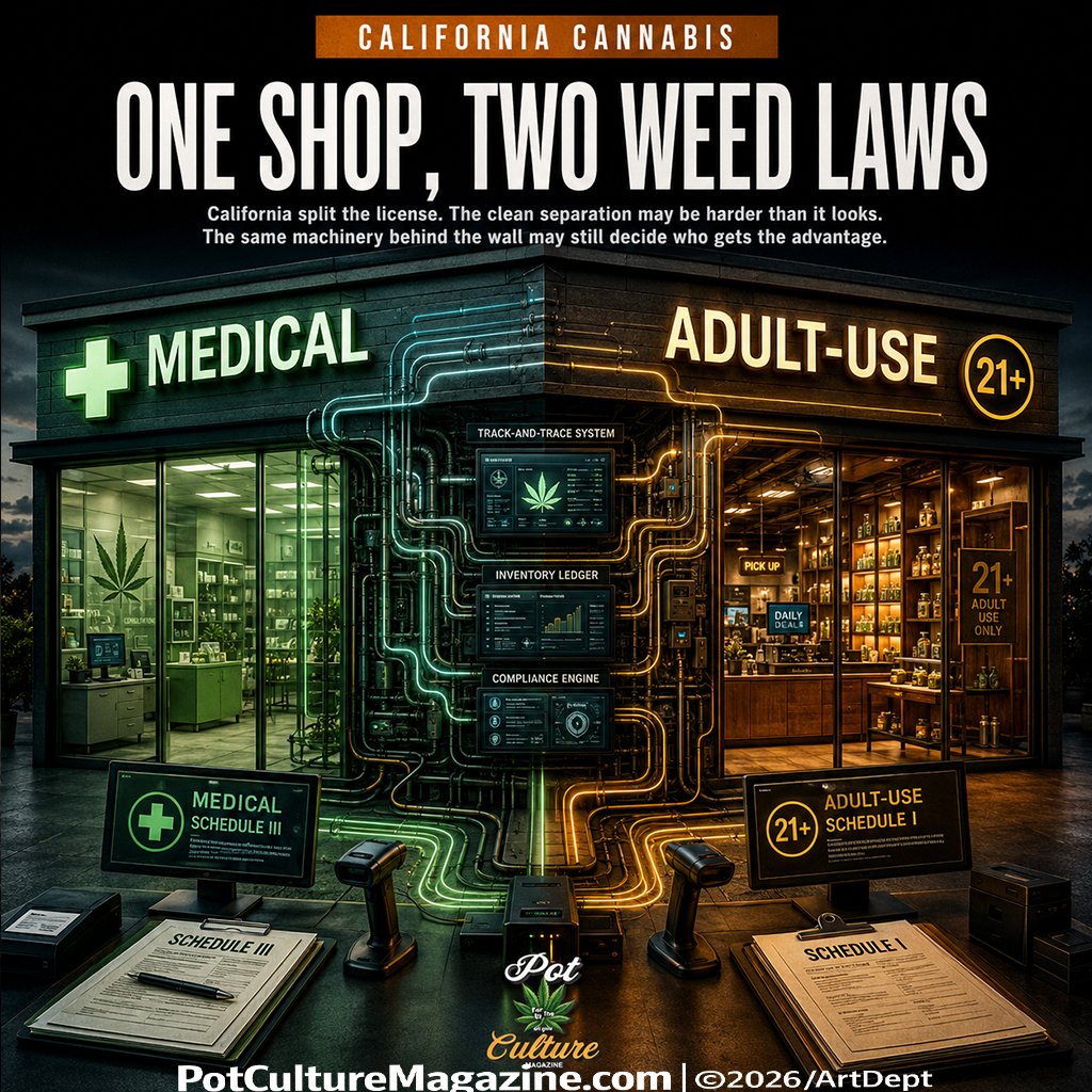 PotCultureMag's tweet photo. One Shop, Two Weed Laws. California created separate medical and recreational licenses, but DCC may still keep both businesses inside one tracking account.
https://t.co/CCEbsxkhTS
#PotCultureMagazine #ScheduleIII #Cannabis #California #CannabisCulture #MedicalCannabis #News https://t.co/TMEceBv2gD