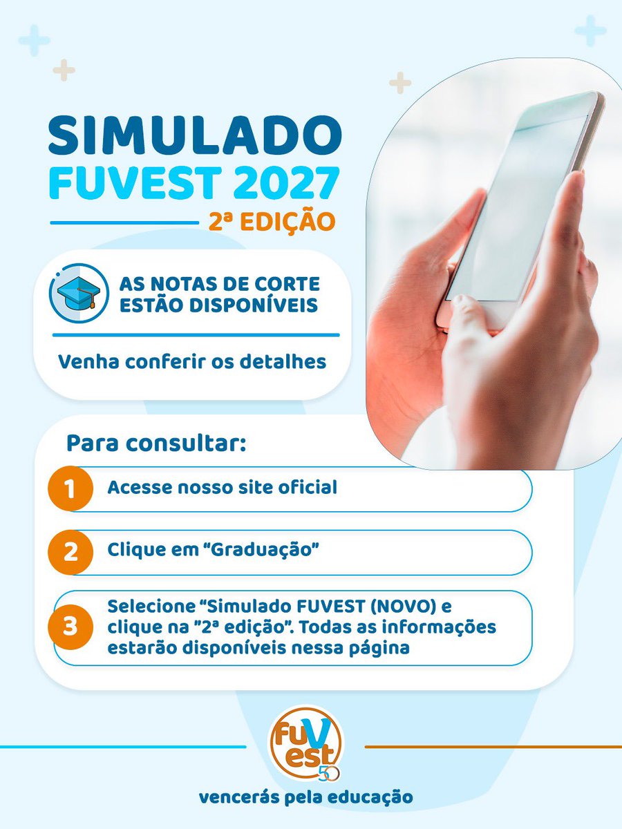 fuvest's tweet photo. 🎓 Simulado FUVEST 2027 – 2ª Edição

📊 As notas de corte já estão disponíveis no site oficial!

Foram convocados 6.945 participantes para a 2ª Fase.

✍️ A Prova de Redação será neste domingo, 16/08.

⏰ Portões fecham às 13h.

Boa prova! 💙 https://t.co/9c4Cfvb03G