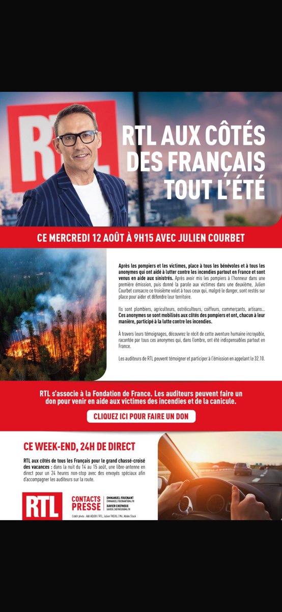 Jon_Curiel's tweet photo. @RTLFrance aux côtés des Français tout l’été

@courbet_julien de retour à l’antenne demain en soutien aux sinistrés, pompiers et bénévoles partout en France. Nous assurons le suivi.

Retour des 24h de direct ce week end pour accompagner les Français sur la route, nuit et jour https://t.co/Mx65n831lV