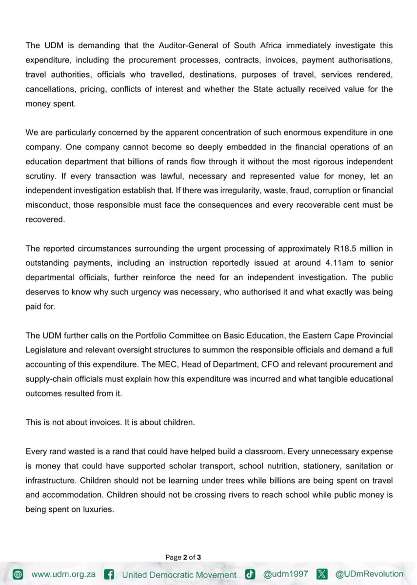 UDmRevolution's tweet photo. Nearly R4 billion in Eastern Cape Education contracts, including about R3.4 billion for travel and accommodation, demands answers.
#UDM President @BantuHolomisa is calling for an urgent, independent forensic investigation into the contracts involving Khumzi Investments, full disclosure of the expenditure and consequences where wrongdoing is established.
Our children deserve classrooms, scholar transport, sanitation and learning materials. Every rand allocated to education must serve the learner.
Read his full letter to the AGSA and to the Portfolio Committee on Basic Education here: https://t.co/LXnv37BcrZ
#UDM #EasternCape #Education #Accountability