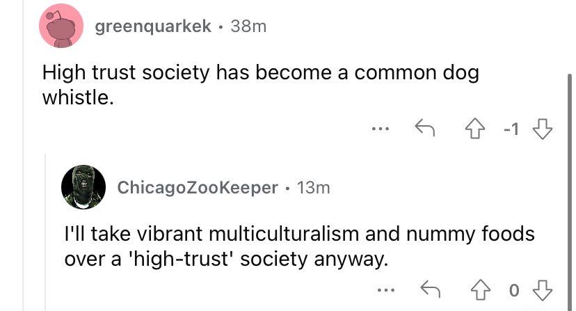 reddit_lies's tweet photo. Redditors choose "nummy foods" over a high trust society.

They deserve neither. https://t.co/Miur7940n8