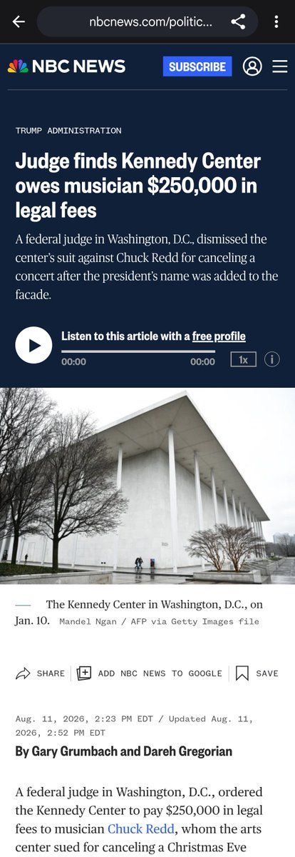 Fly_Sistah's tweet photo. Judge finds Kennedy Center owes musician Chuck Redd $250,000 in legal fees
A federal judge in Washington, D.C., dismissed the center’s suit against Chuck Redd for canceling a concert after the president’s name was added to the facade. https://t.co/taXpWCa63j