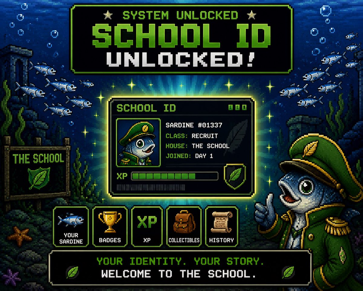 SardonRobinhood's tweet photo. 🔓 SYSTEM UNLOCKED // SCHOOL ID

Every Sardine needs an identity.

Your wallet gets you into The School.

Your School ID tells the story of what happens after. 🎮

🐟 Your Sardine
🏅 Your badges
⭐ Your XP
🎒 Your collectibles
📜 Your history

Not just a wallet.

Your identity in The School.

First look coming. 👀

RETAIL SWIMS TOGETHER.

$SARD