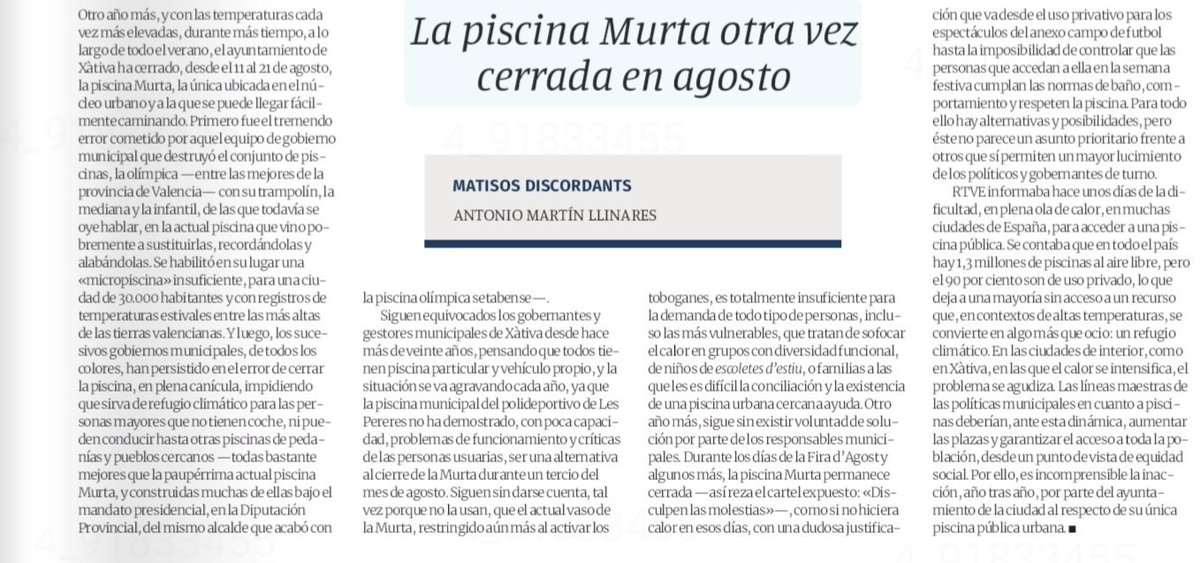llinamarti's tweet photo. @Xativa IMPRESENTABLE...del 12 d'agost i fins al 24 d'agost (La @FiradeXativa  s'acaba el 20 d'agost) L'única piscina urbana de #Xàtiva. La incapacitat de gestió, any rere any, @rogerxativa @amoramorxtva i amb l'estiu més caluros. De vergonya! https://t.co/gjry5sozYv