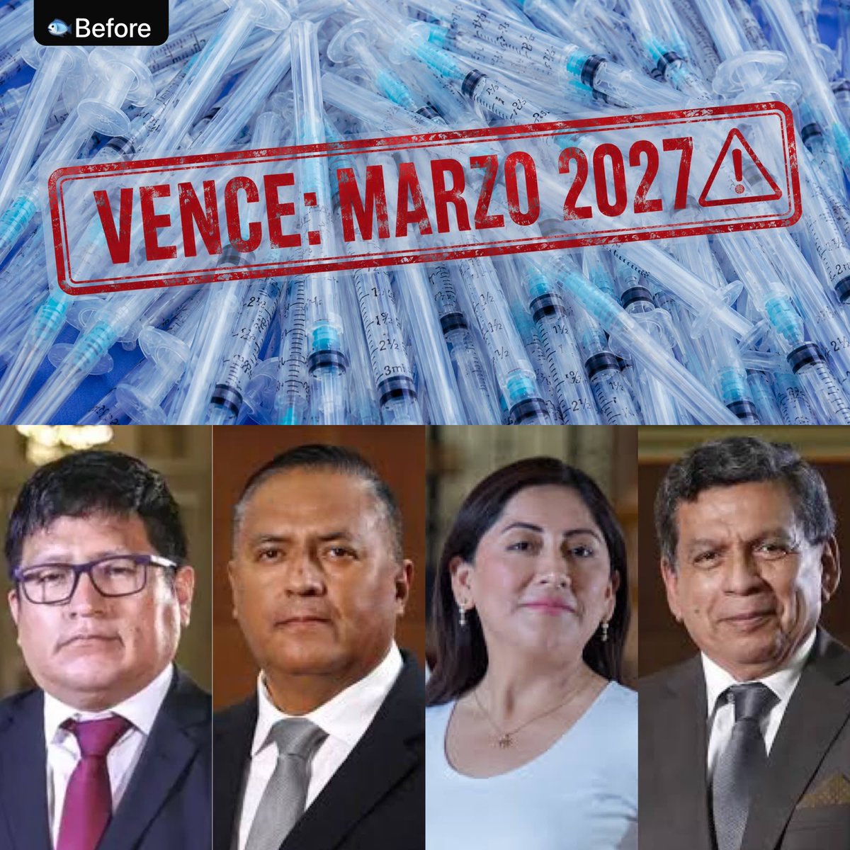 LuisPesantes's tweet photo. 56 MILLONES de jeringas compradas por S/49 MILLONES en 2022 por el gobierno de Pedro Castillo.

UNO de estos CUATRO tienen que responder ante la JUSTICIA:

💉 Jorge López Peña 
💉 Hernán Condori 
💉 Kelly Portalatino 
💉 Hernando Cevallos https://t.co/4oNlsjcX2u