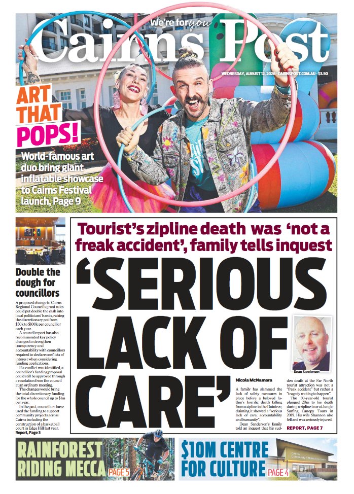 TheCairnsPost's tweet photo. INSIDE TODAY: A family has slammed the lack of safety measures before a father’s death falling from a Daintree zipline. Subscribers can read their digital paper on the app (Apple: https://t.co/fcyau1qi4k or Android: https://t.co/EJLVlcJgxI) or via web: https://t.co/e71lreImKW https://t.co/Gmrxn1n0up