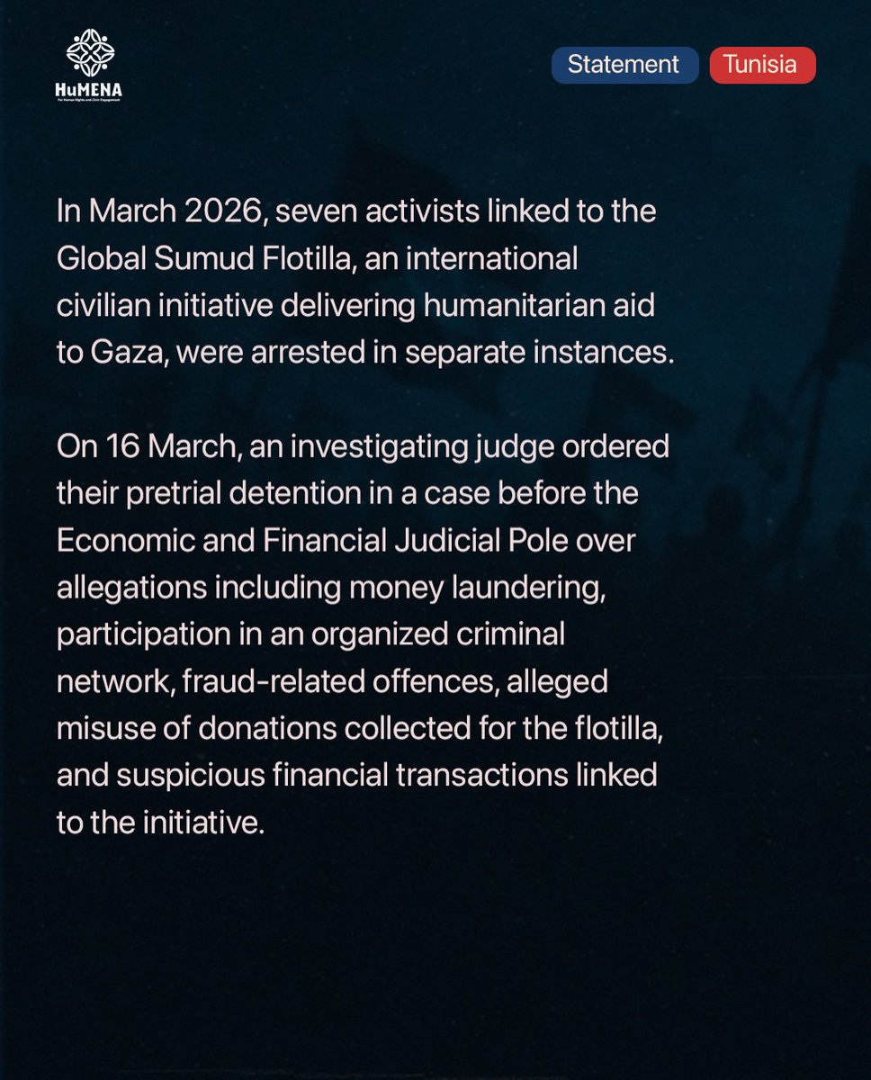 airbyart's tweet photo. Read Full Statement
Via @HuMENAorg
https://t.co/ndyaonNgqN
FREE Wael Naouar
FREE Ghassan Henchiri
FREE Ghassan Boughdiri
FREE Nabil Chanoufi
FREE THEM ALL โ๐พ
@gbsumudflotilla
@maghrebsumud_TN
#FreeTheSumud7 https://t.co/t691F1fGlC